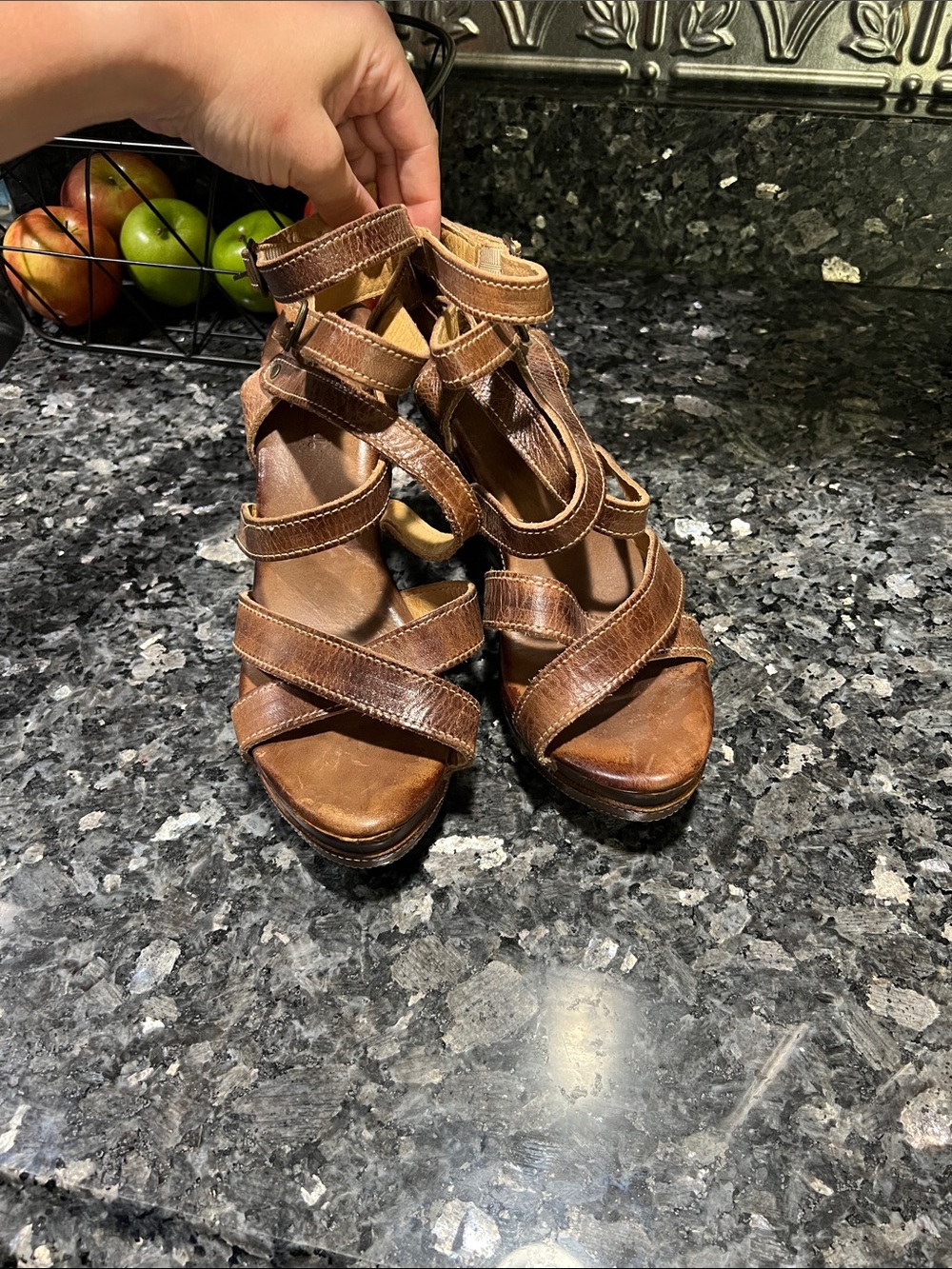 Bed Stu Brown Leather Strappy Wedge Sandals